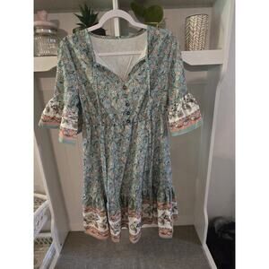 floral print flared sleeve dress bell sleeve boho multicolor Cinched waist midi